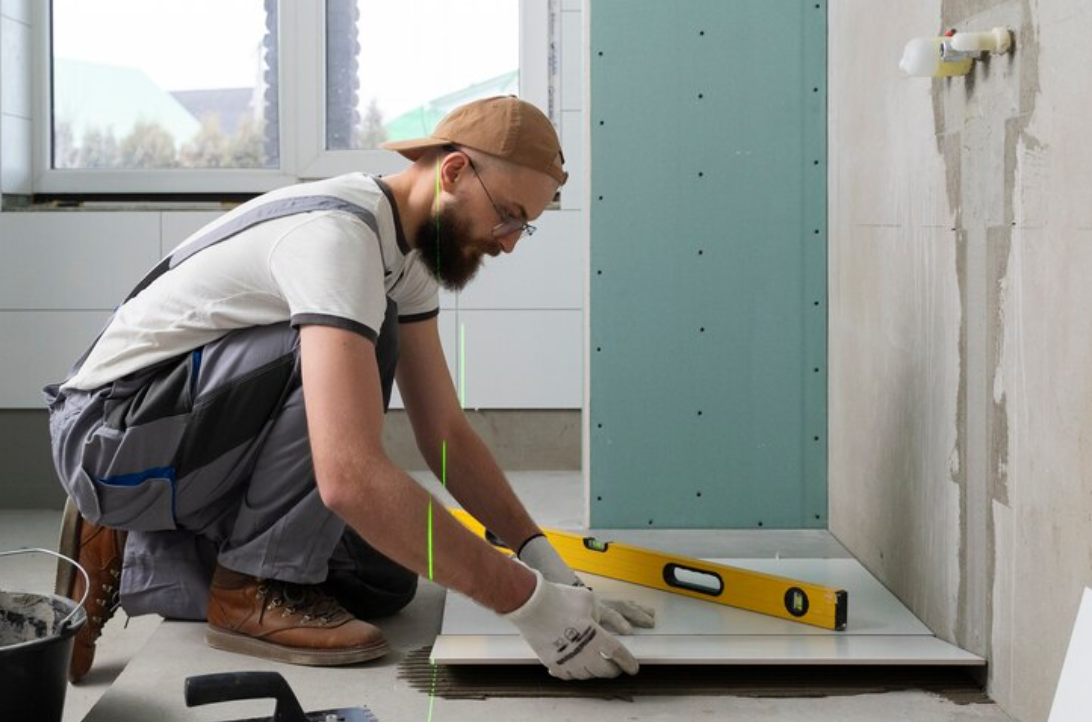 Man installing floor tiles in a bathroom remodel, using a level tool to ensure precision. He's wearing work gloves, overalls, and a backwards cap.
