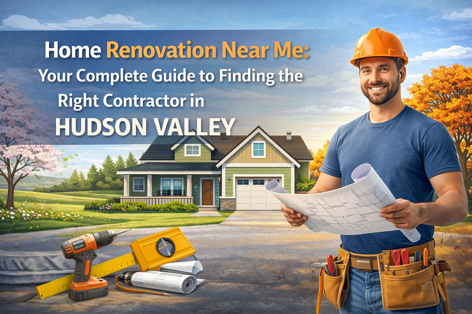 Home renovation contractor holding blueprints in front of a remodeled house in Hudson Valley, NY