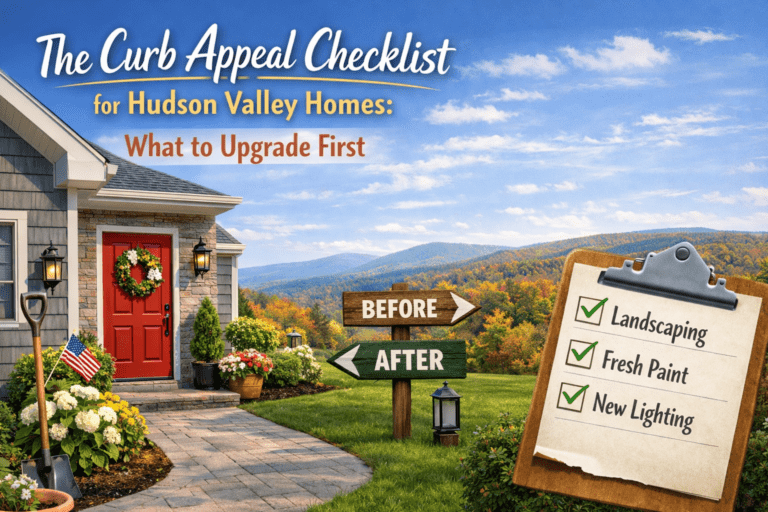 Curb appeal checklist for Hudson Valley homes showing front yard landscaping, red front door, before and after signs, and exterior upgrade ideas like fresh paint and lighting.