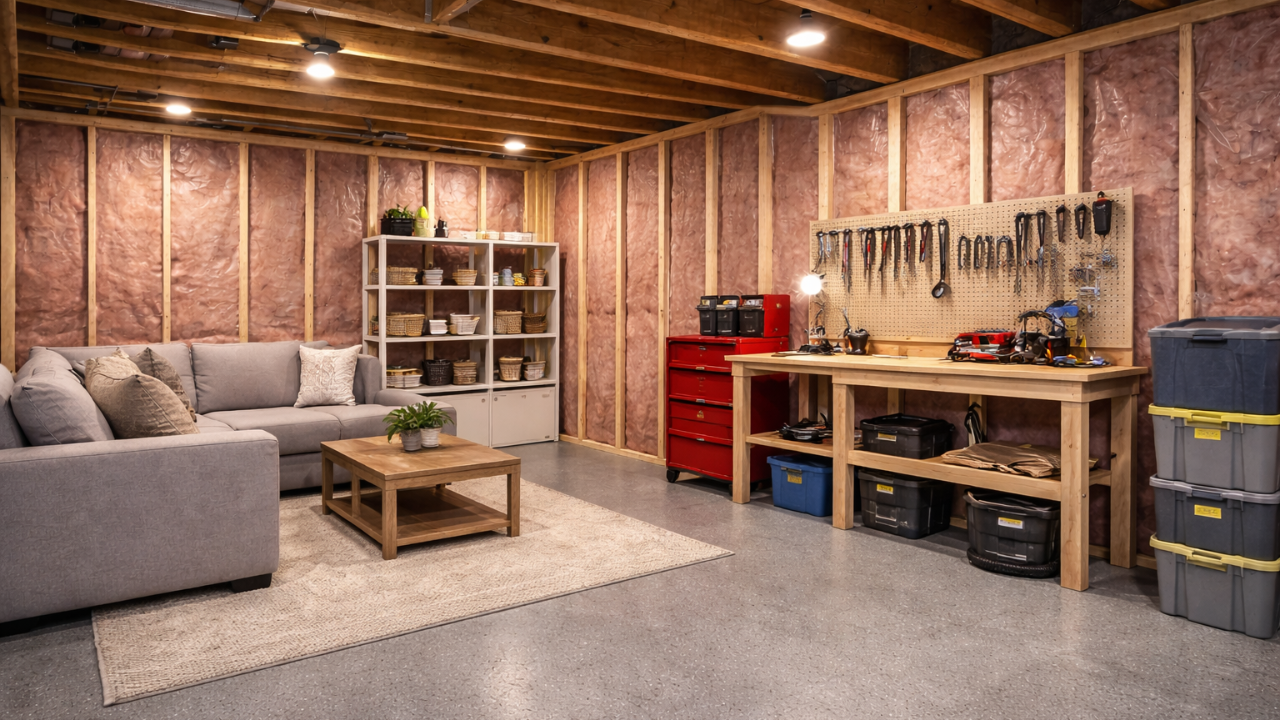 Partially finished basement with exposed insulation, framed walls, workshop area, and furnished seating space