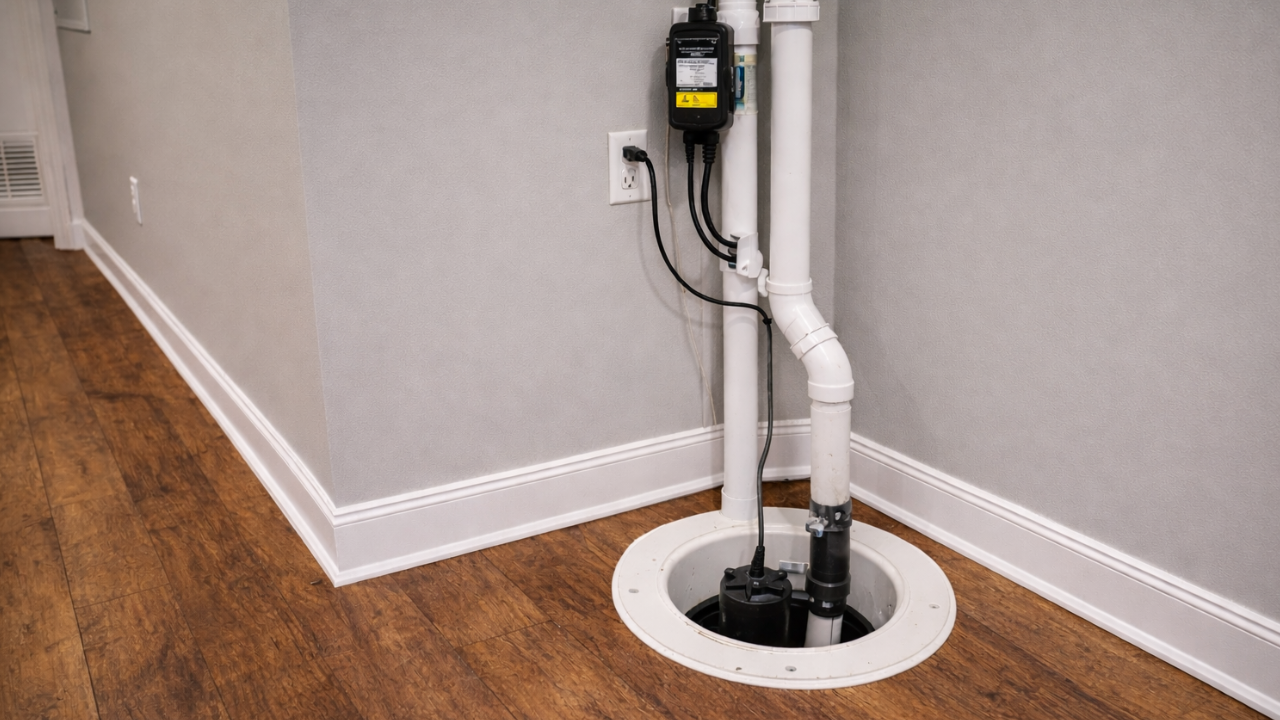 Basement sump pump system installed in finished room with PVC discharge piping and backup power unit for flood prevention