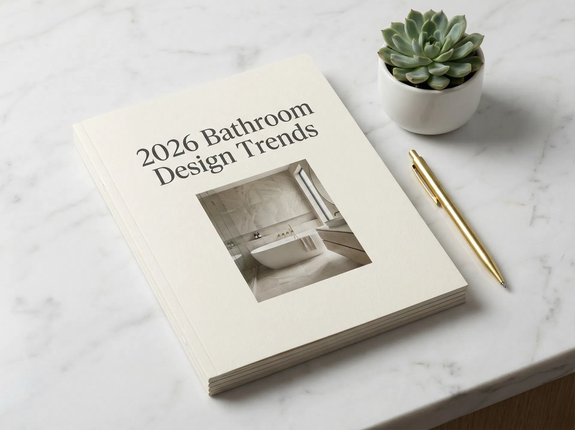 Open design magazine titled '2026 Bathroom Design Trends' on a marble surface beside a small succulent and a gold pen.