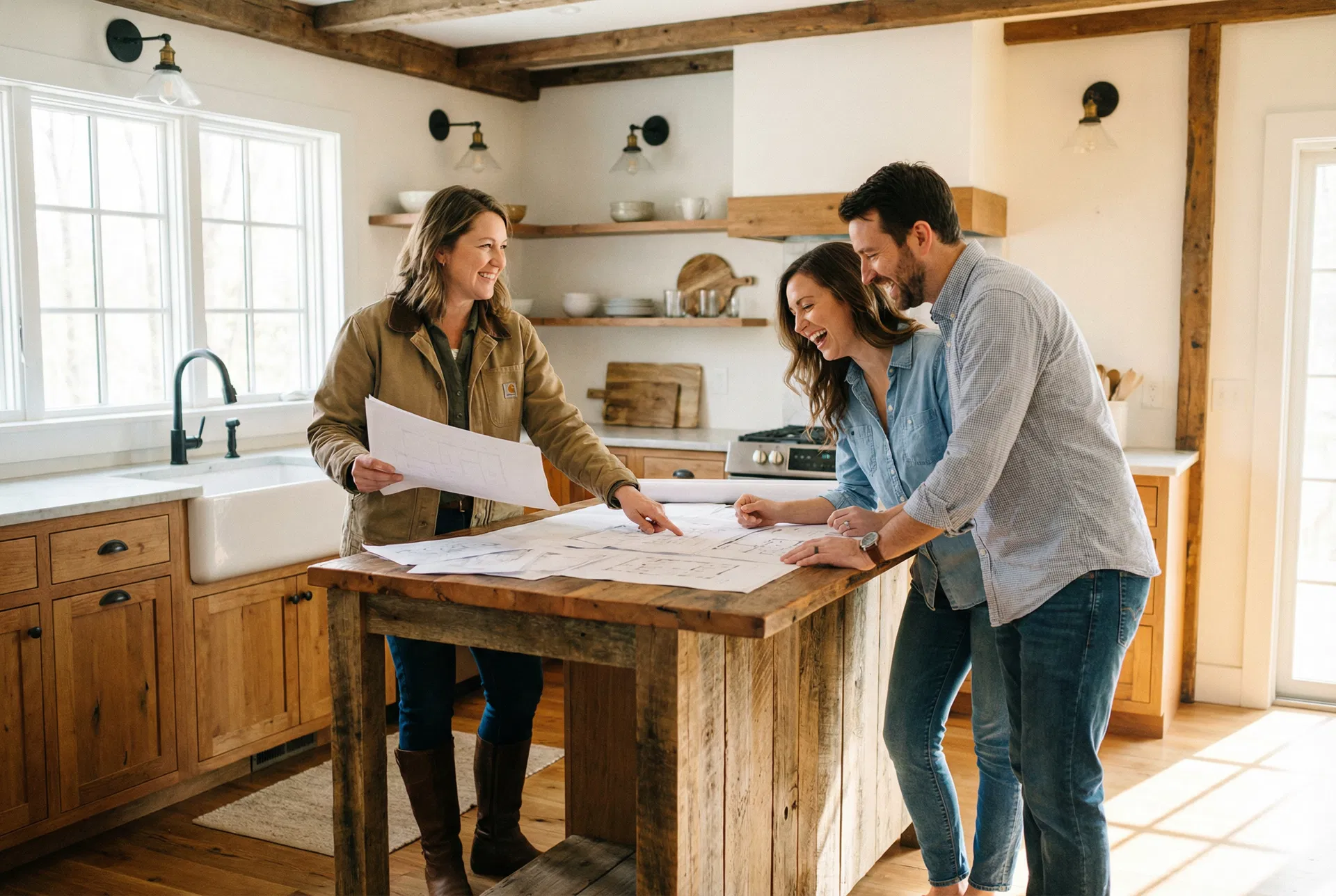Three people review blueprints on a rustic kitchen island, smiling and pointing at the plans.